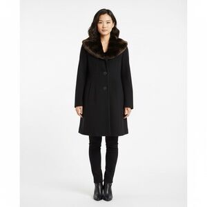 Tahari Black Wool Blend Coat with Brown Faux Fur Collar